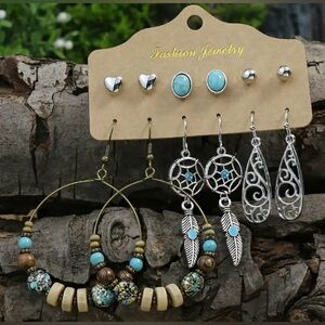 NEW Earrings, 6 pairs, faux turquoise, hoops, dangle and studs, silvery earrings